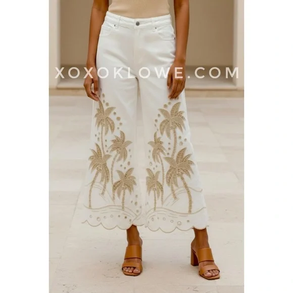 Oli & Hali Cream Palm Tree Eyelet Embroidered Wide Leg Jeans | Washed Denim - Picture 3 of 10